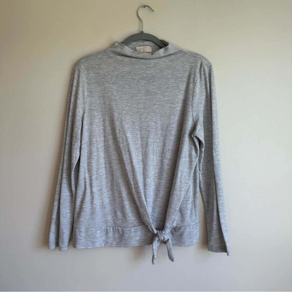Loft Gray Mock Neck Long Sleeve Tie Front Top LP